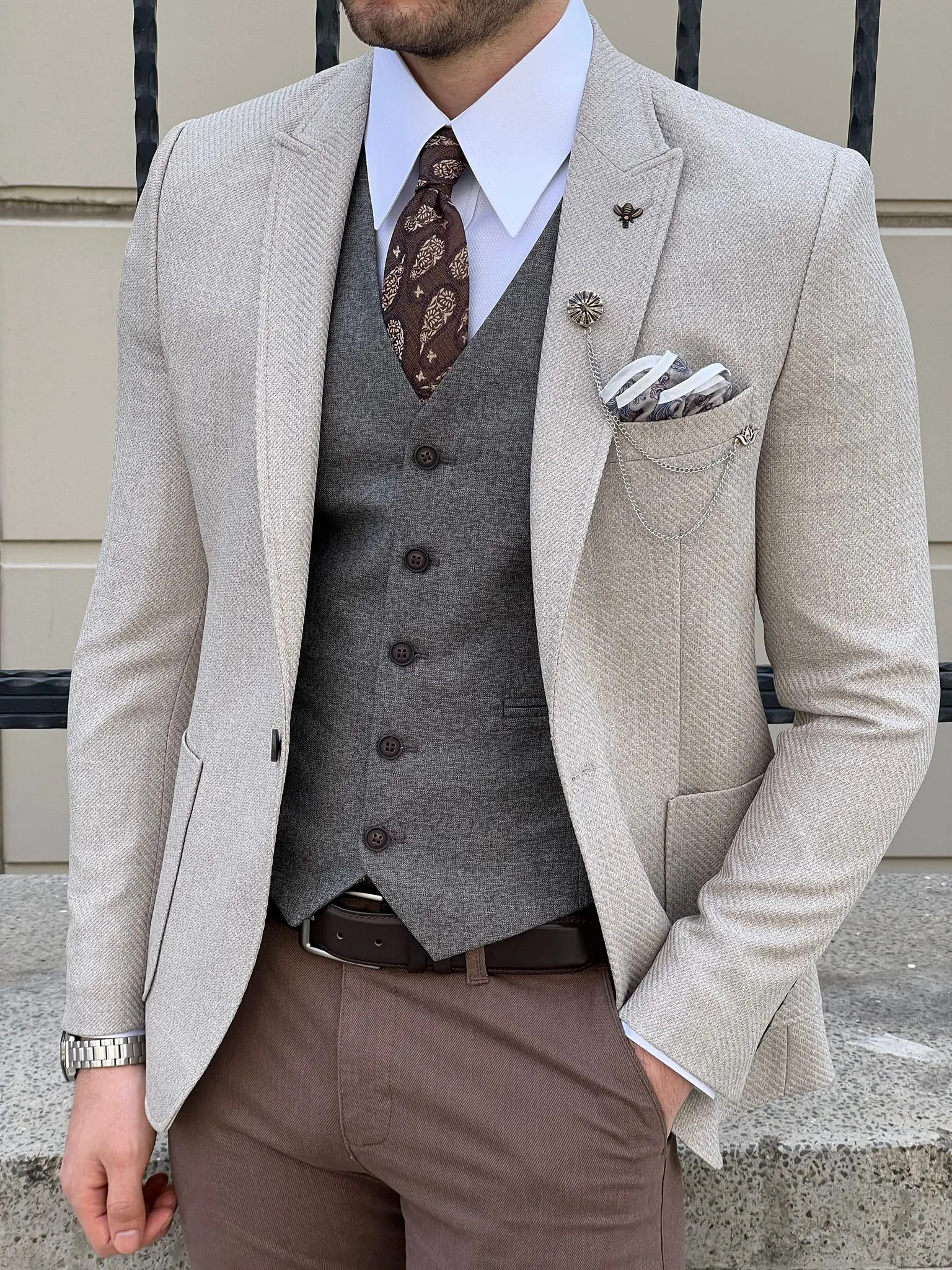 Edmond Beige Slim Fit Peak Lapel Combination Wool Suit