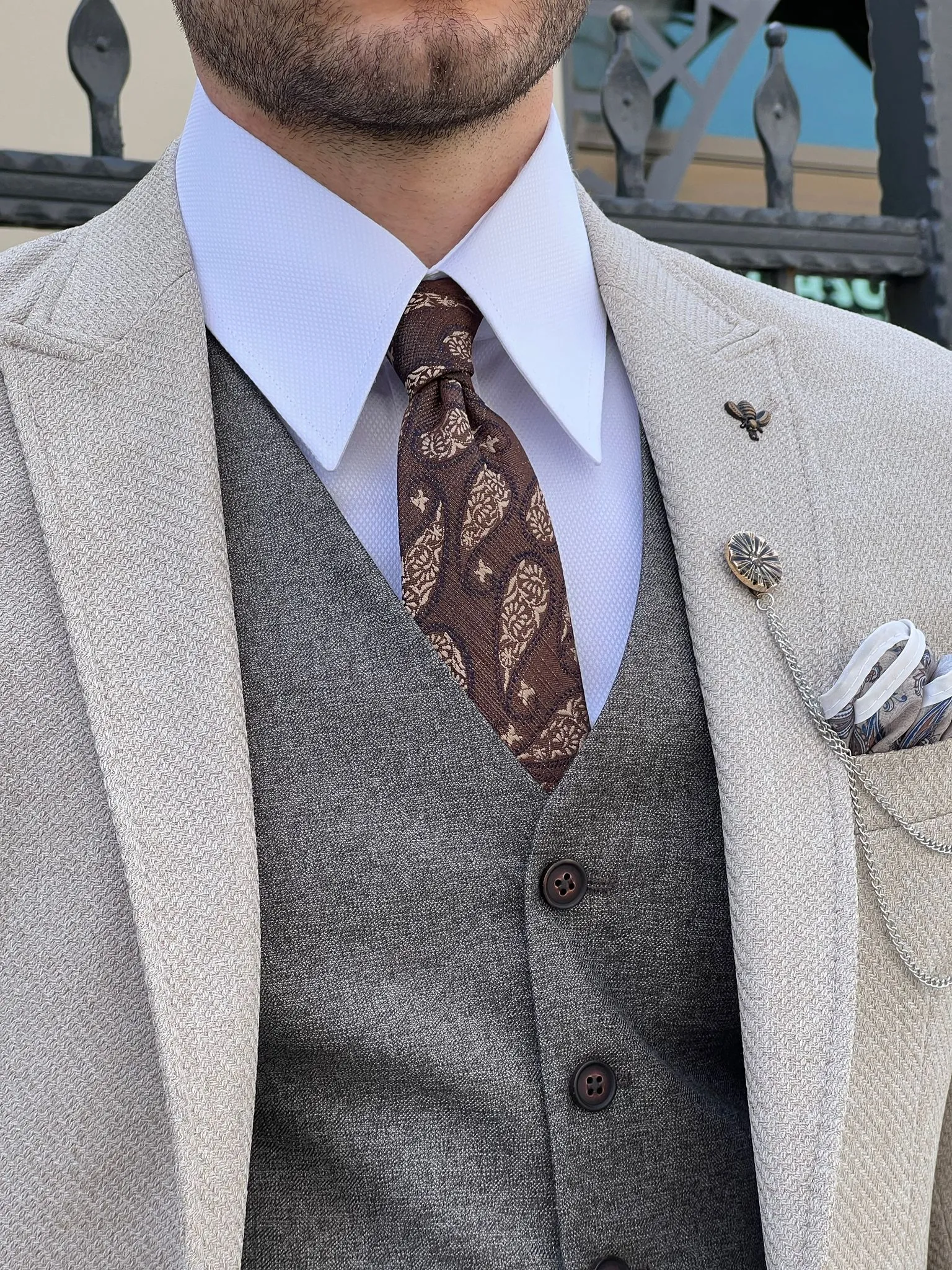 Edmond Beige Slim Fit Peak Lapel Combination Wool Suit