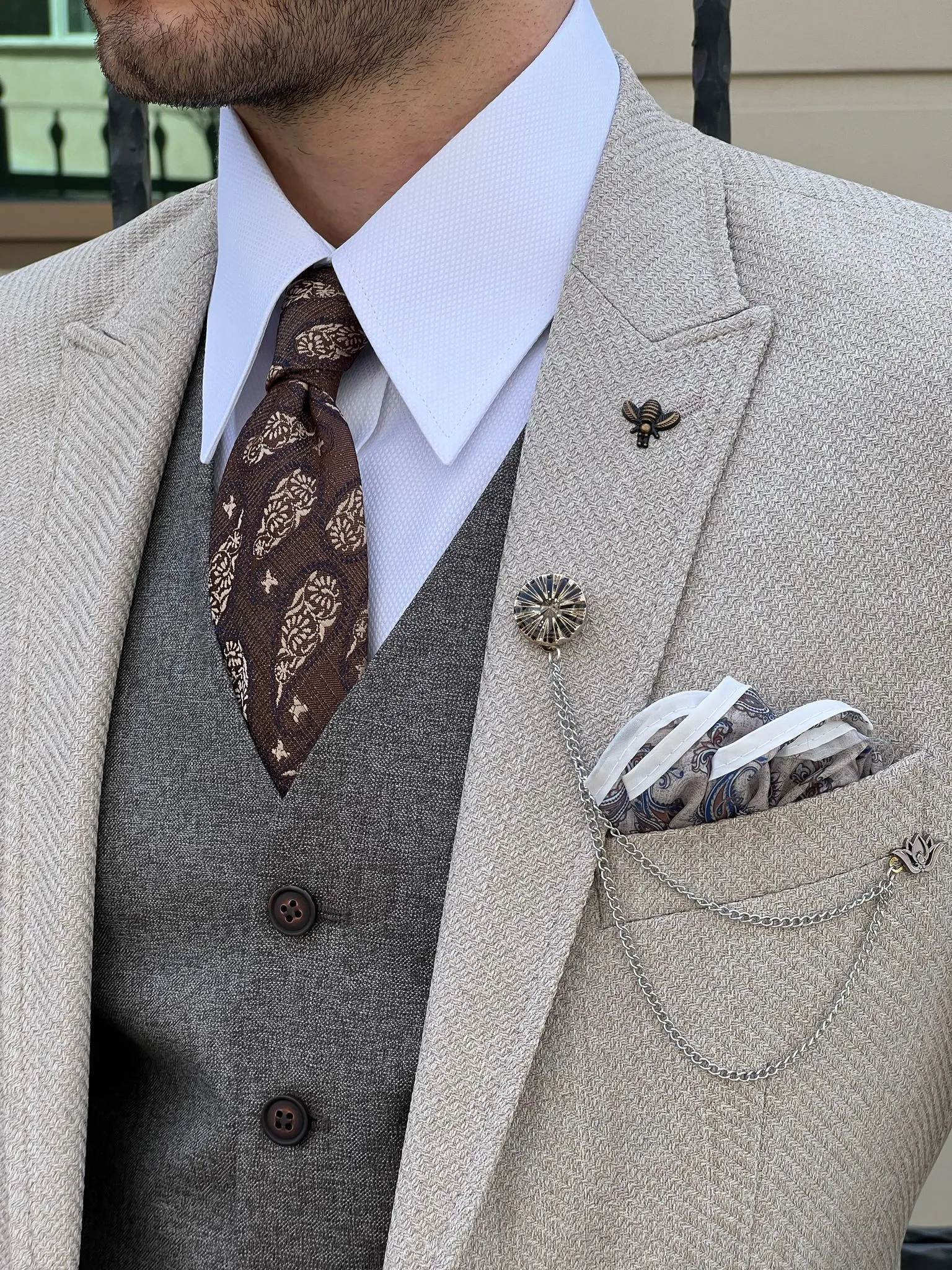 Edmond Beige Slim Fit Peak Lapel Combination Wool Suit