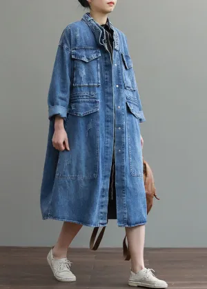Einzigartige Blaue Taschen Knopf Lose Herbst Denim Langarm Mäntel Trenchcoats