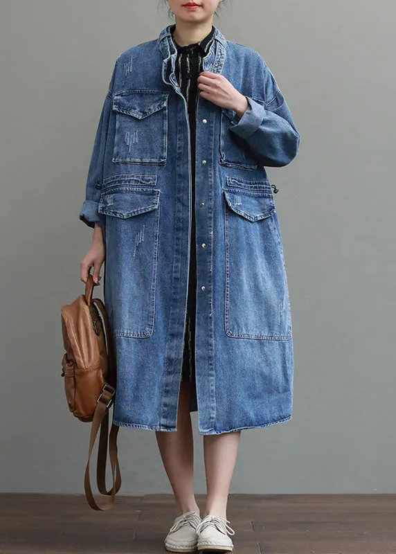 Einzigartige Blaue Taschen Knopf Lose Herbst Denim Langarm Mäntel Trenchcoats