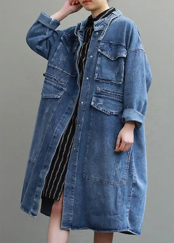 Einzigartige Blaue Taschen Knopf Lose Herbst Denim Langarm Mäntel Trenchcoats