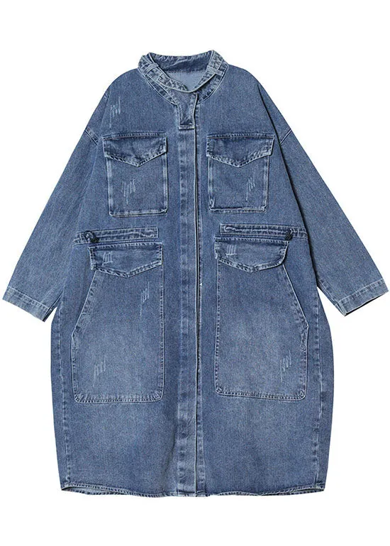 Einzigartige Blaue Taschen Knopf Lose Herbst Denim Langarm Mäntel Trenchcoats