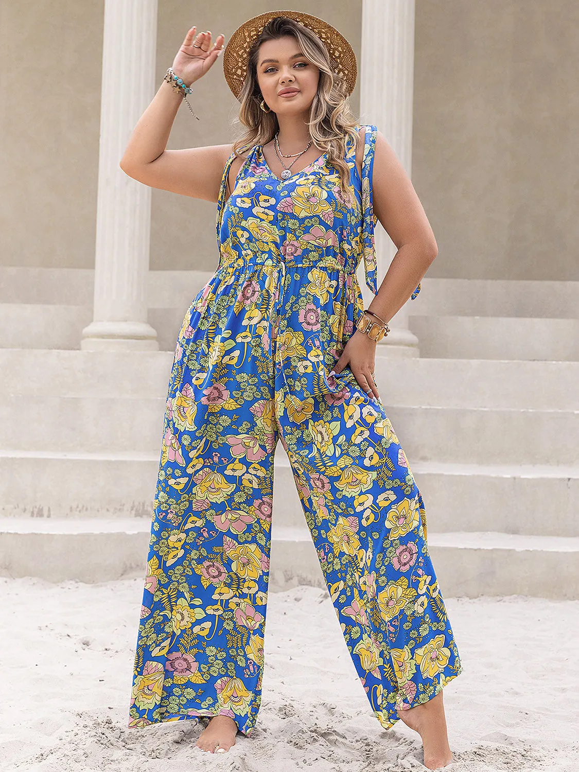 Elyne Plus Size Printed V-Neck Wide Leg Jumpsuit
