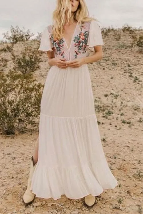 Embroidery Short Sleeve Maxi Cover Dress
