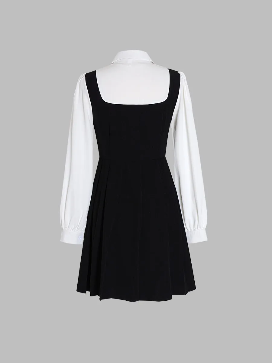 Fake Two Pieces College Style Long-sleeved Pleated Dress