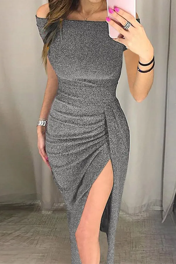 Fashion Elegant Solid Slit Sequined Off the Shoulder Wrapped Skirt Dresses(3 Colors)