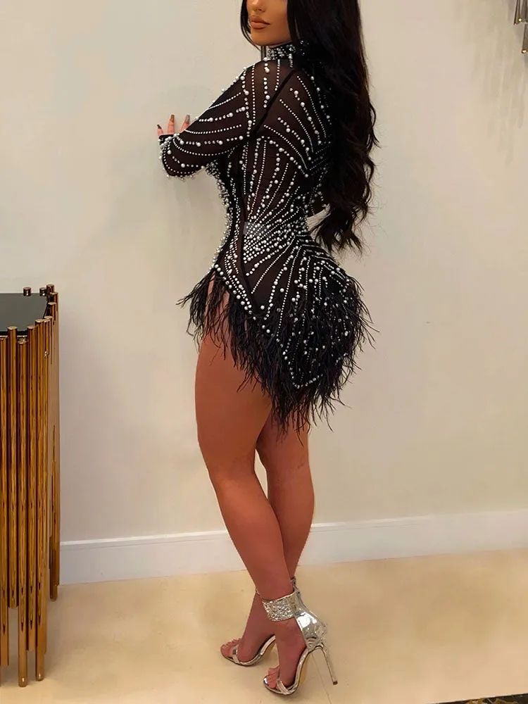 Feather Mesh Rhinestone Mini Dress