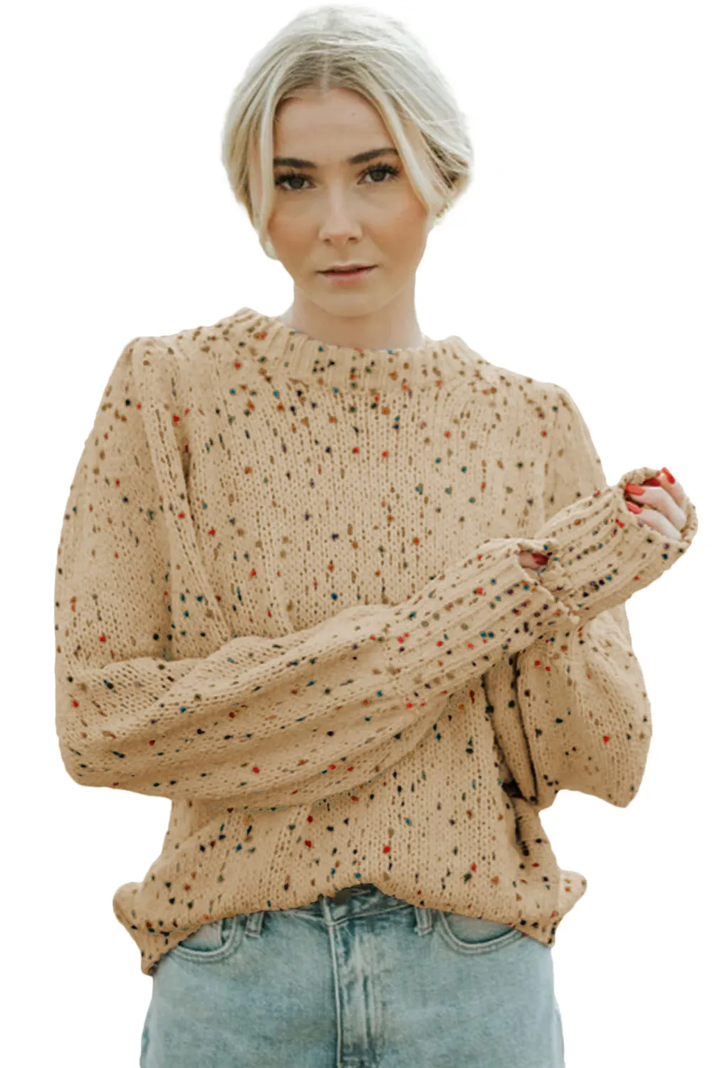 Flaxen Colorful Dots Cable Knit Crew Neck Sweater
