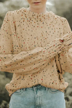 Flaxen Colorful Dots Cable Knit Crew Neck Sweater