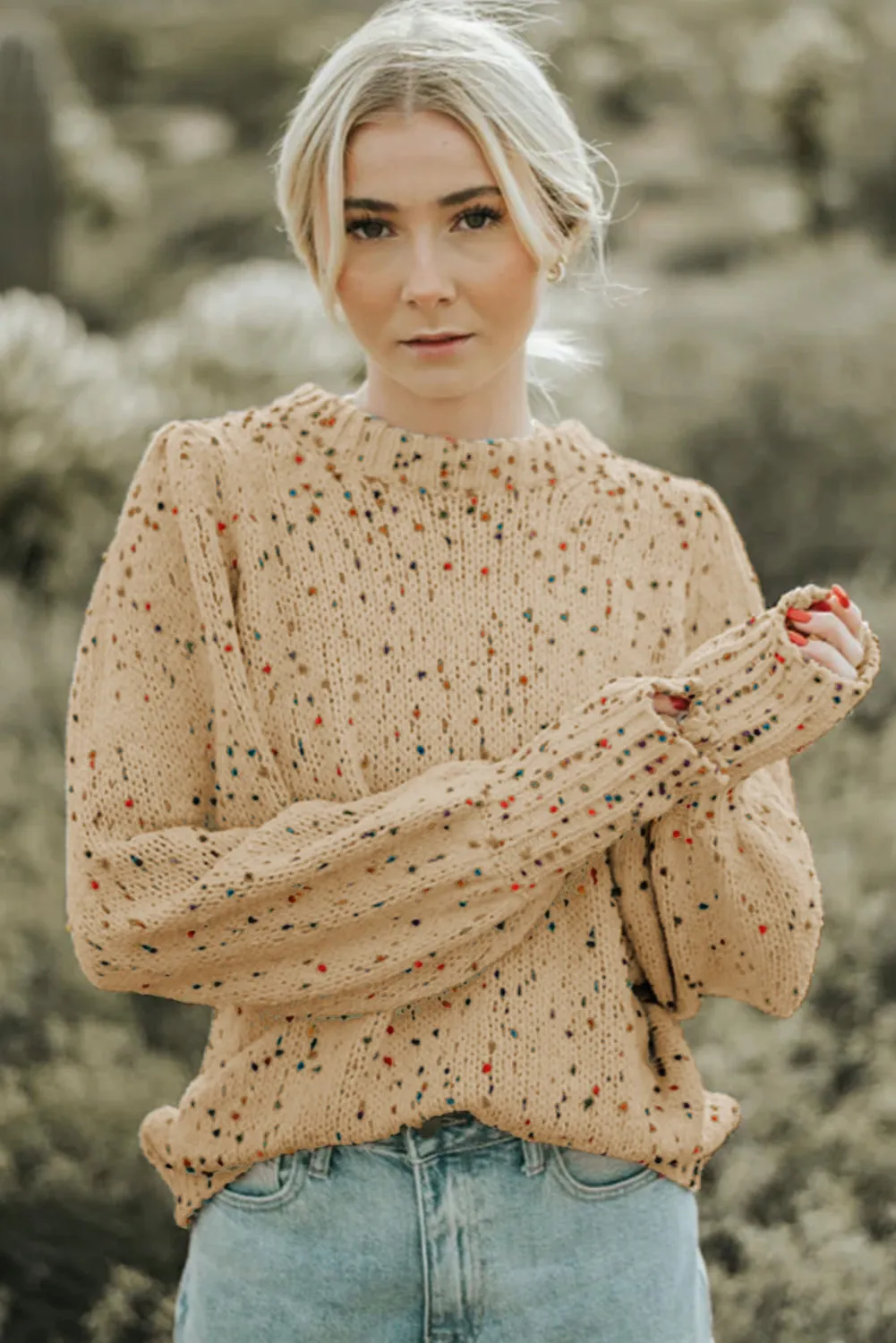 Flaxen Colorful Dots Cable Knit Crew Neck Sweater