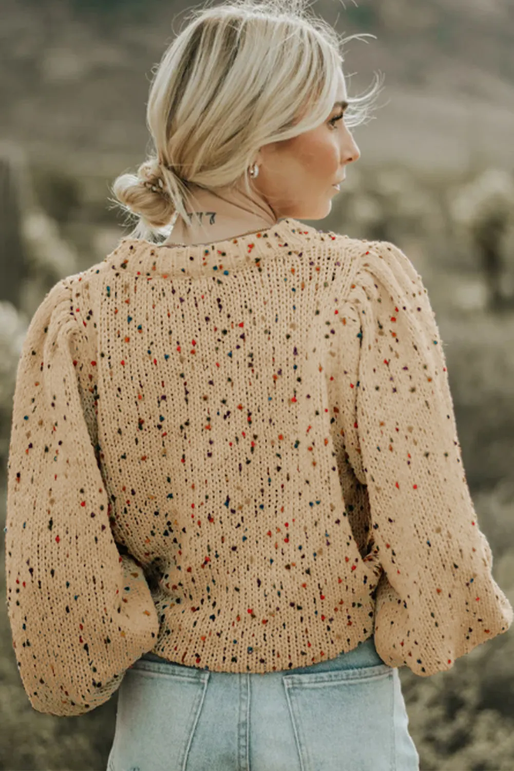 Flaxen Colorful Dots Cable Knit Crew Neck Sweater