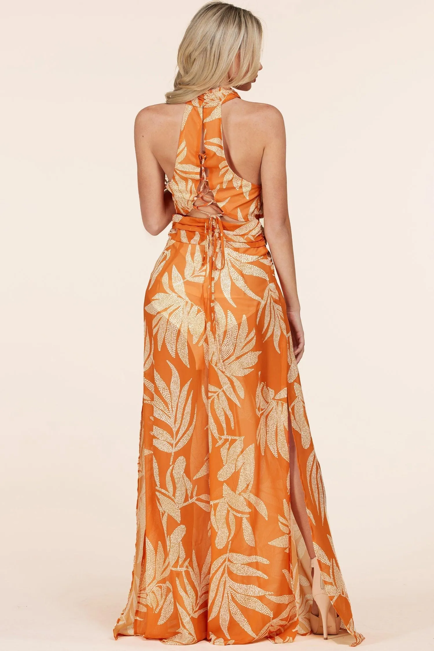 FLORAL LEAF PRINT ORANGE JUMPSUIT