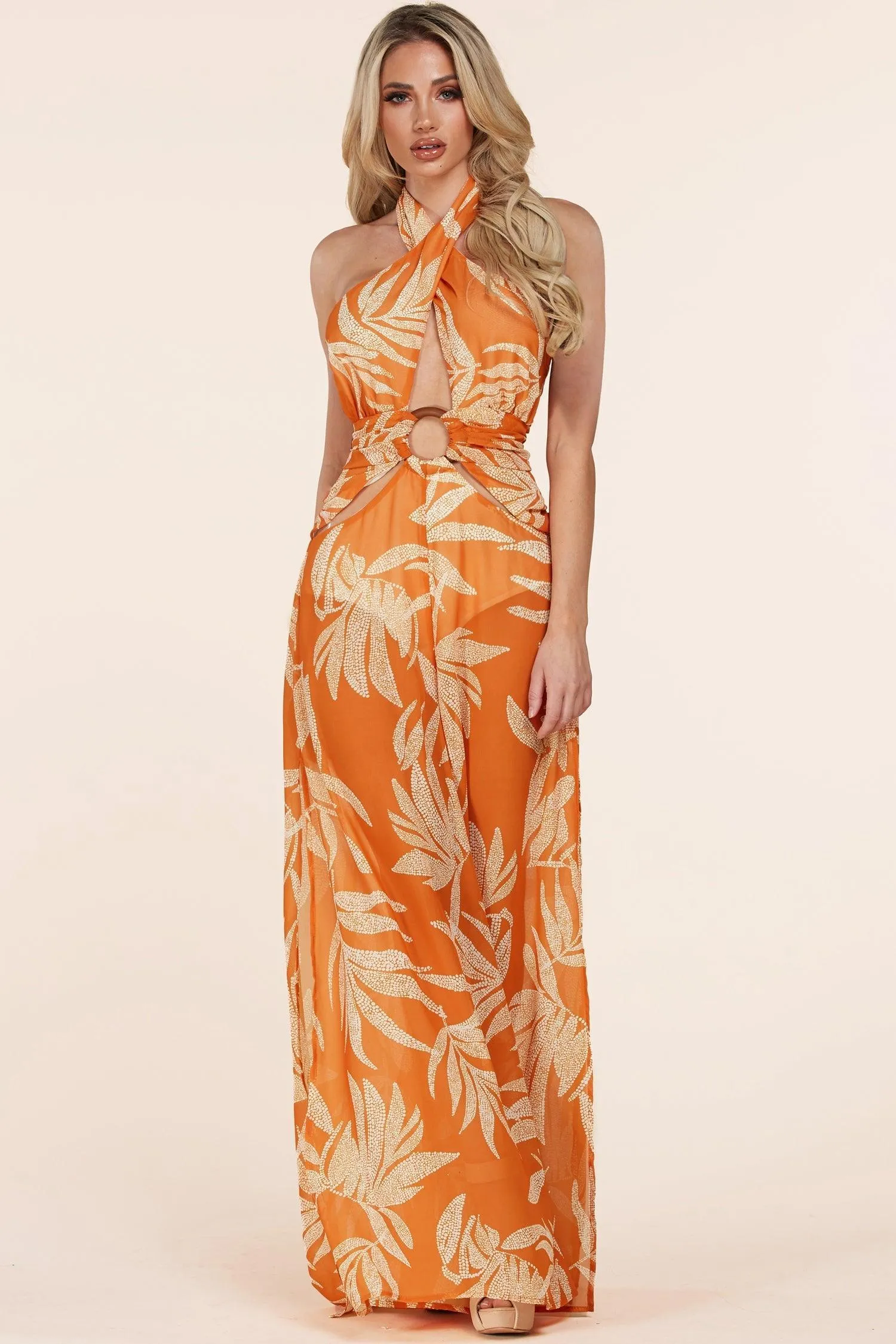 FLORAL LEAF PRINT ORANGE JUMPSUIT