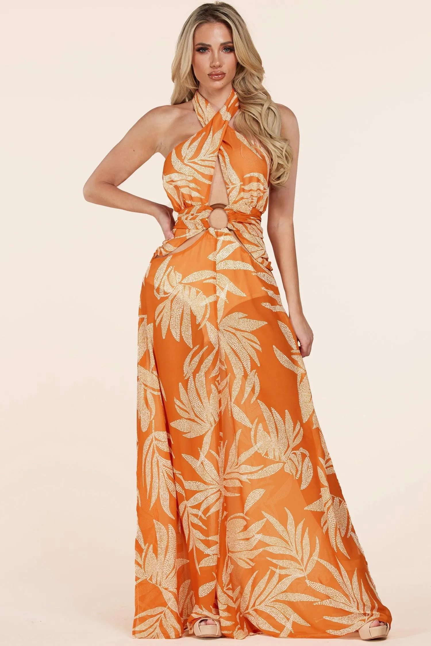 FLORAL LEAF PRINT ORANGE JUMPSUIT