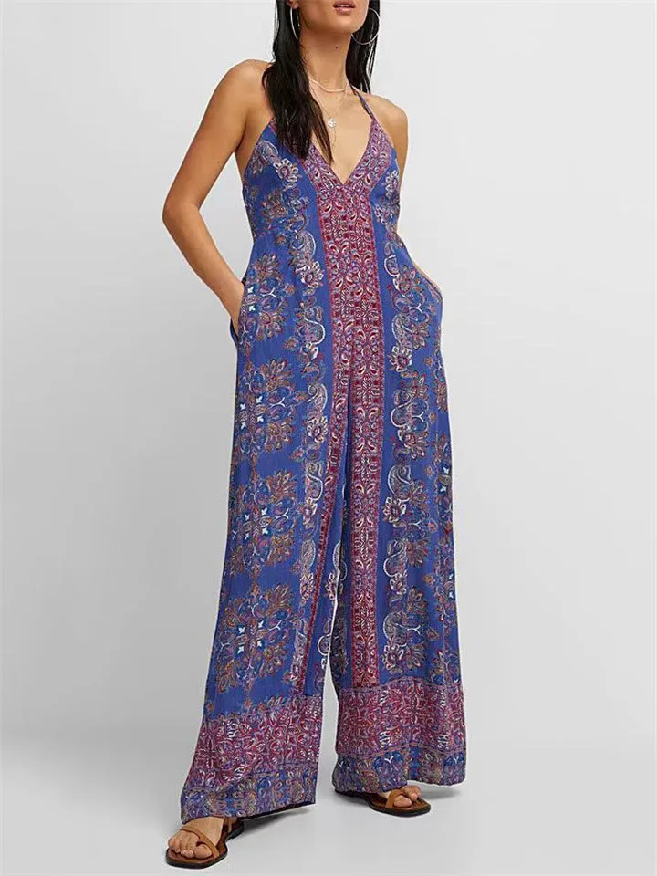 Floral Print Ethnic Style Strappy Jumpsuits for Women