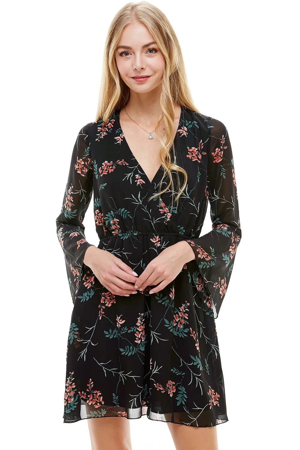 Floral V Neck Long Sleeve Skater Dress