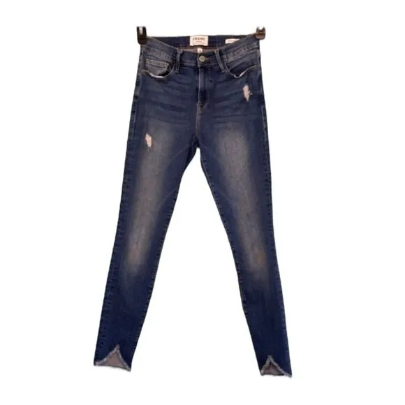 Frame Le Skinny de Jeanne Triangle Hem Jeans Blue Medium Wash Distressed Denim 2