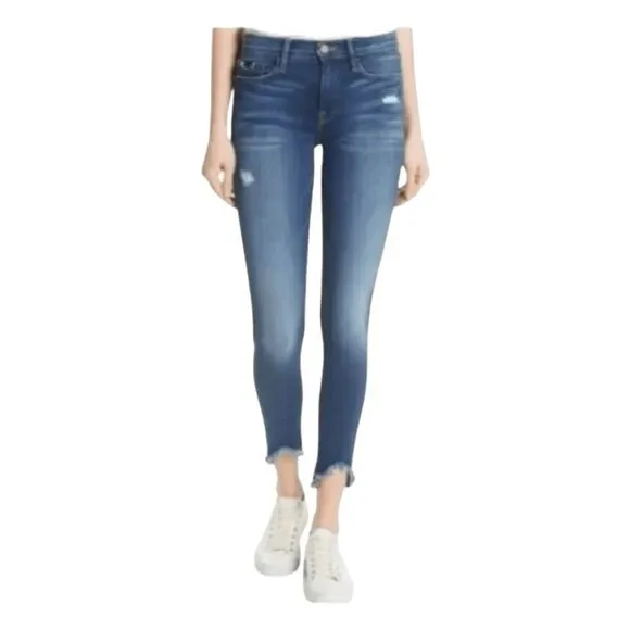 Frame Le Skinny de Jeanne Triangle Hem Jeans Blue Medium Wash Distressed Denim 2