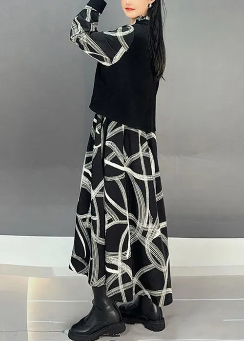 French Black Print Patchwork Cotton Maxi Dress Fall