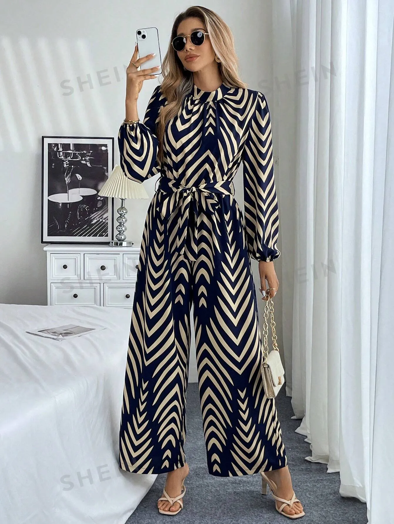 Frenchy Geometric Pattern Floral Wide Leg Jumpsuit