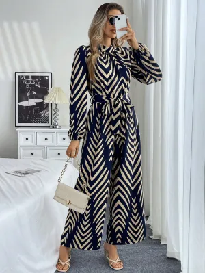 Frenchy Geometric Pattern Floral Wide Leg Jumpsuit