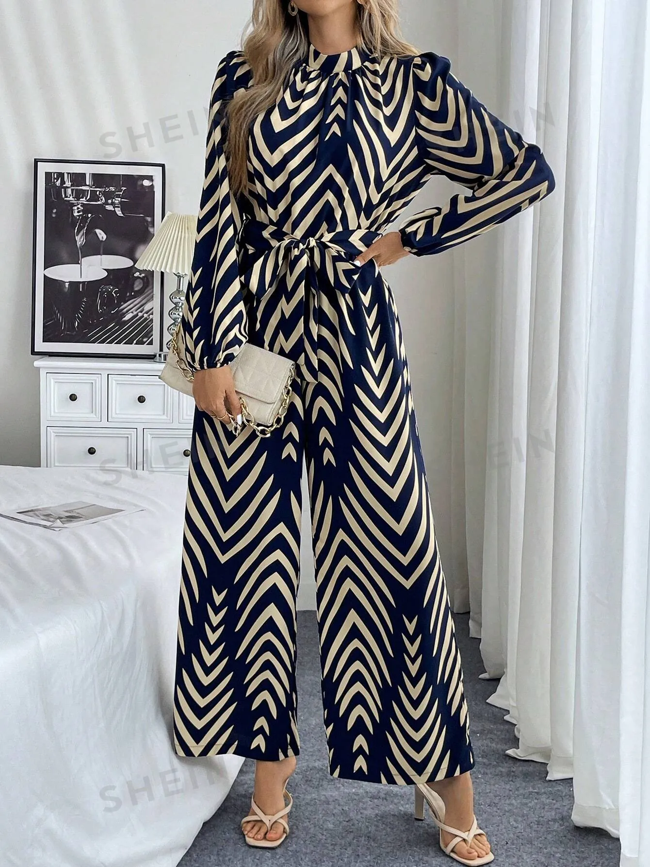 Frenchy Geometric Pattern Floral Wide Leg Jumpsuit