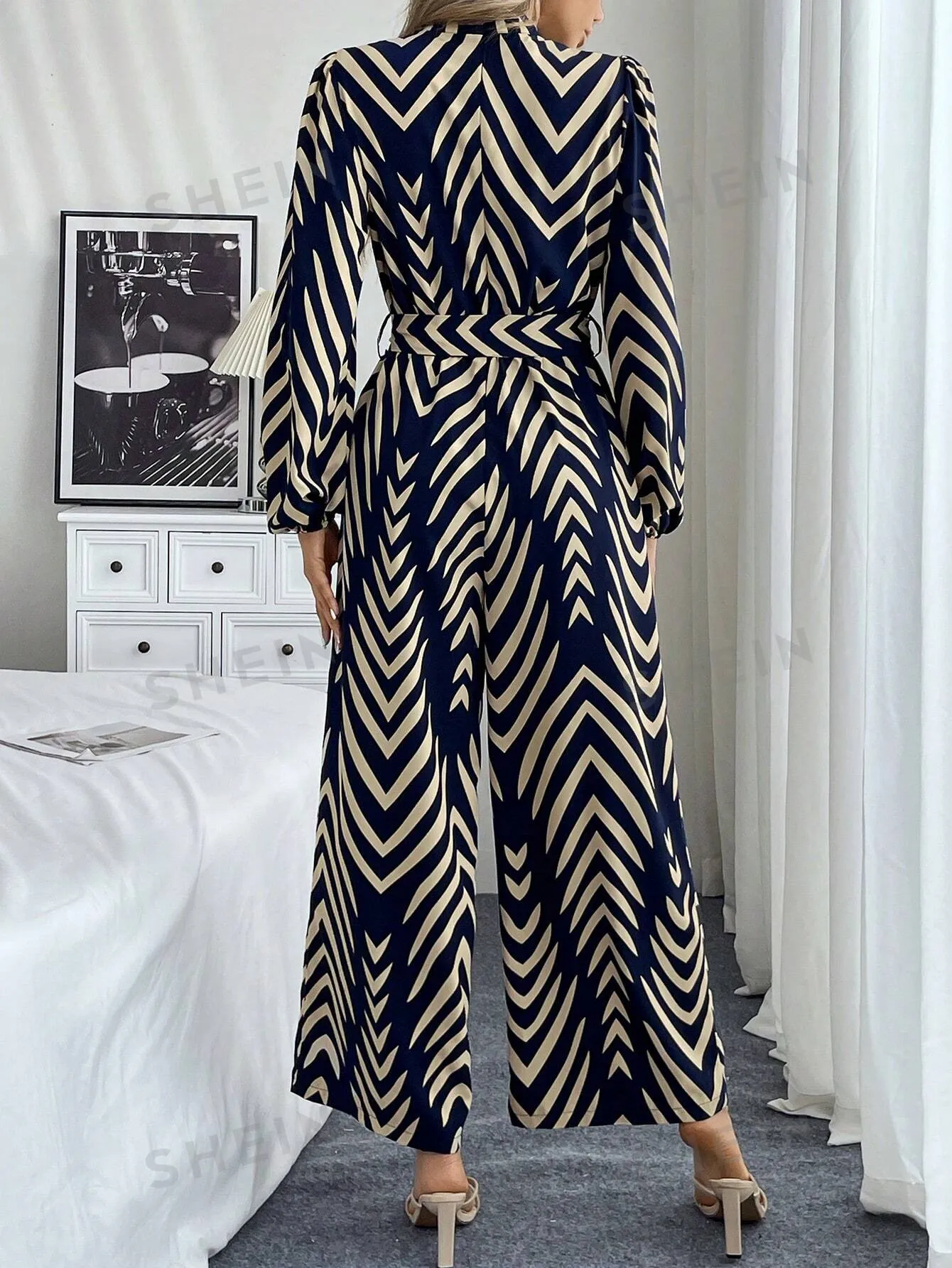 Frenchy Geometric Pattern Floral Wide Leg Jumpsuit
