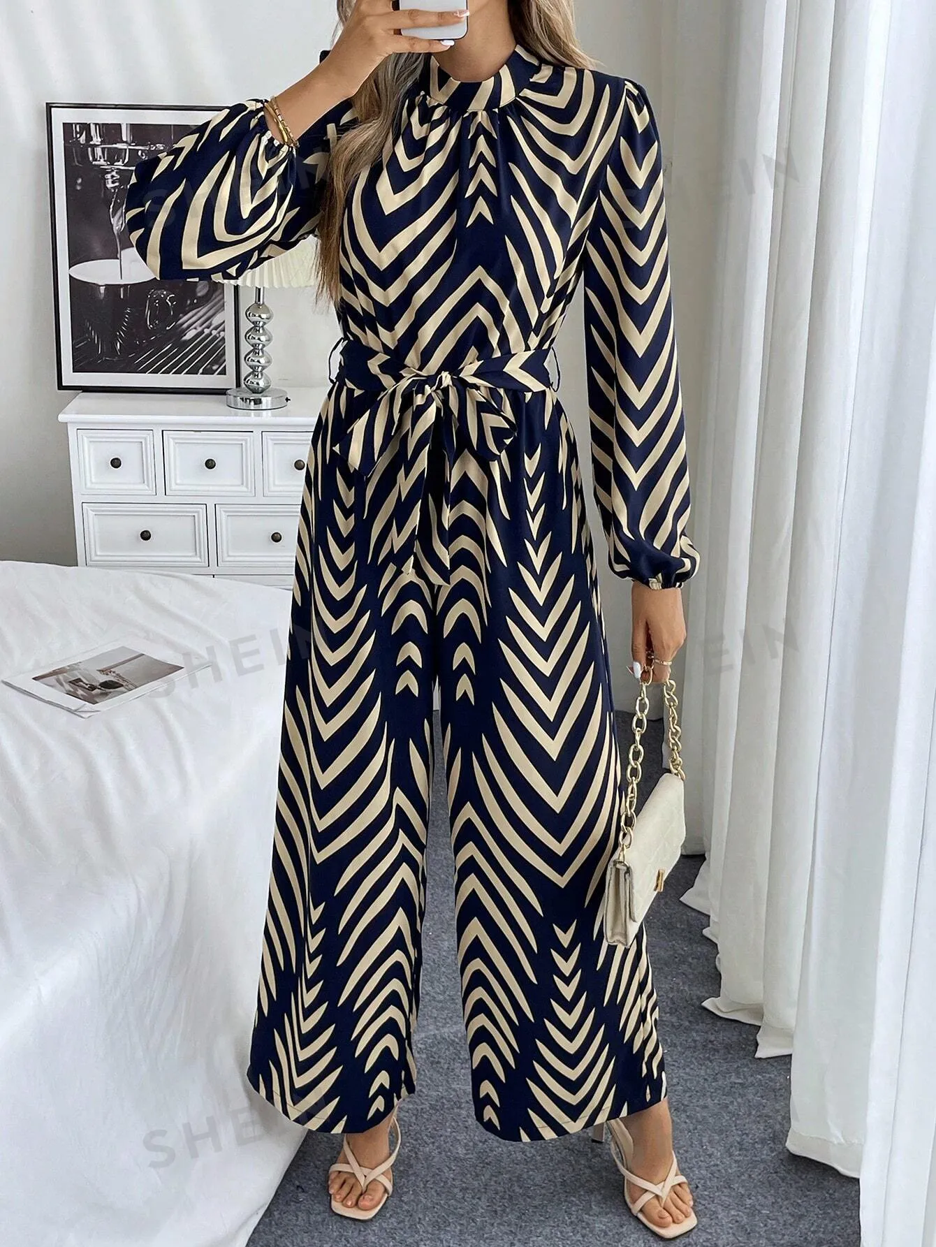 Frenchy Geometric Pattern Floral Wide Leg Jumpsuit