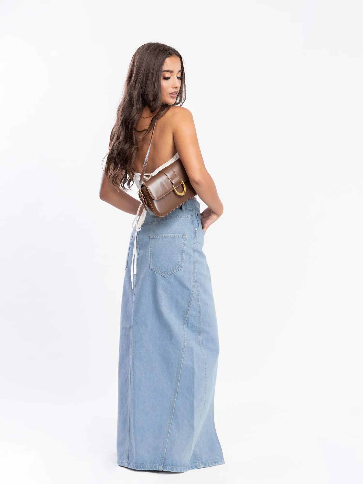 Front Slit Denim Maxi Skirt