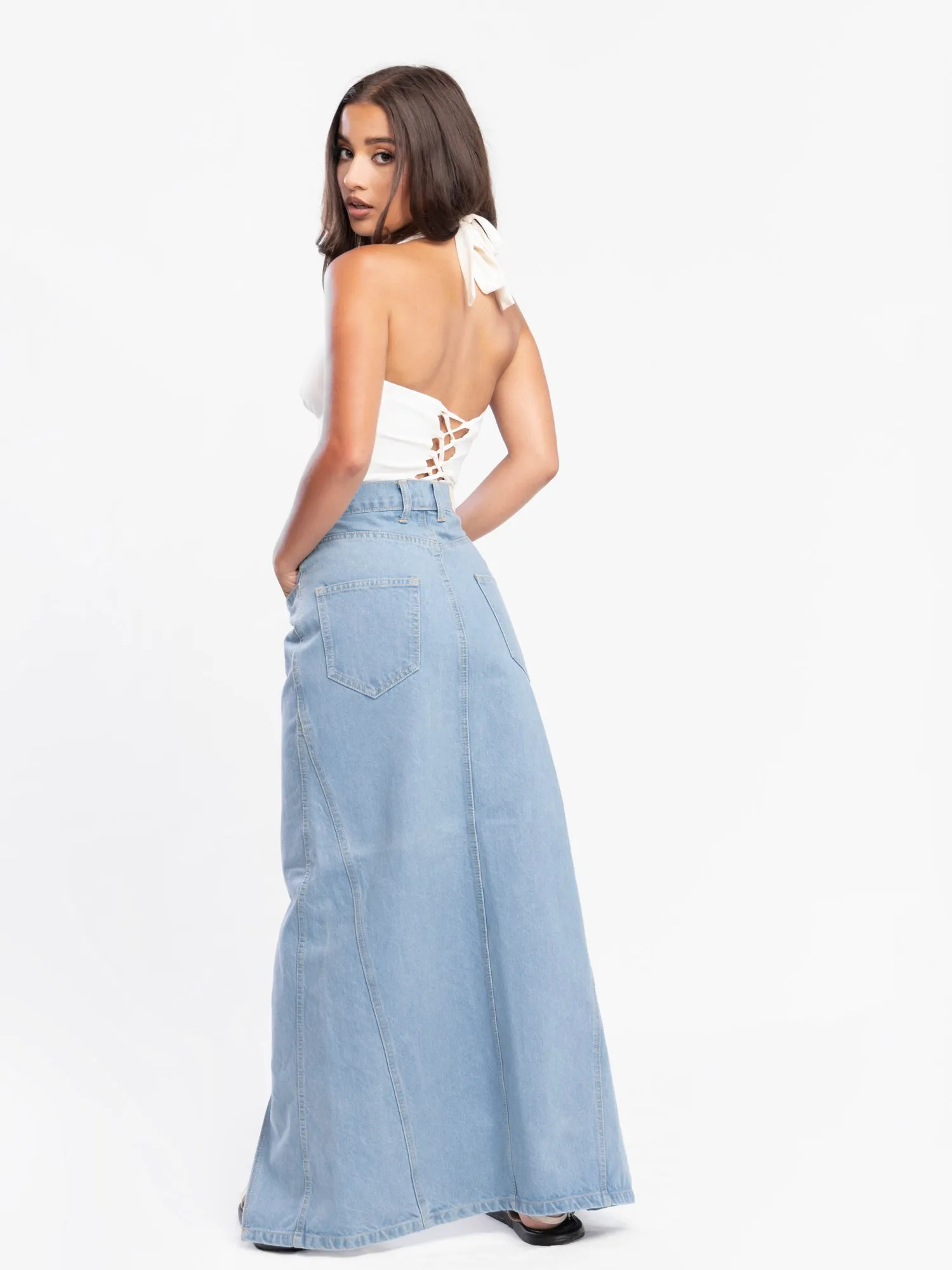 Front Slit Denim Maxi Skirt