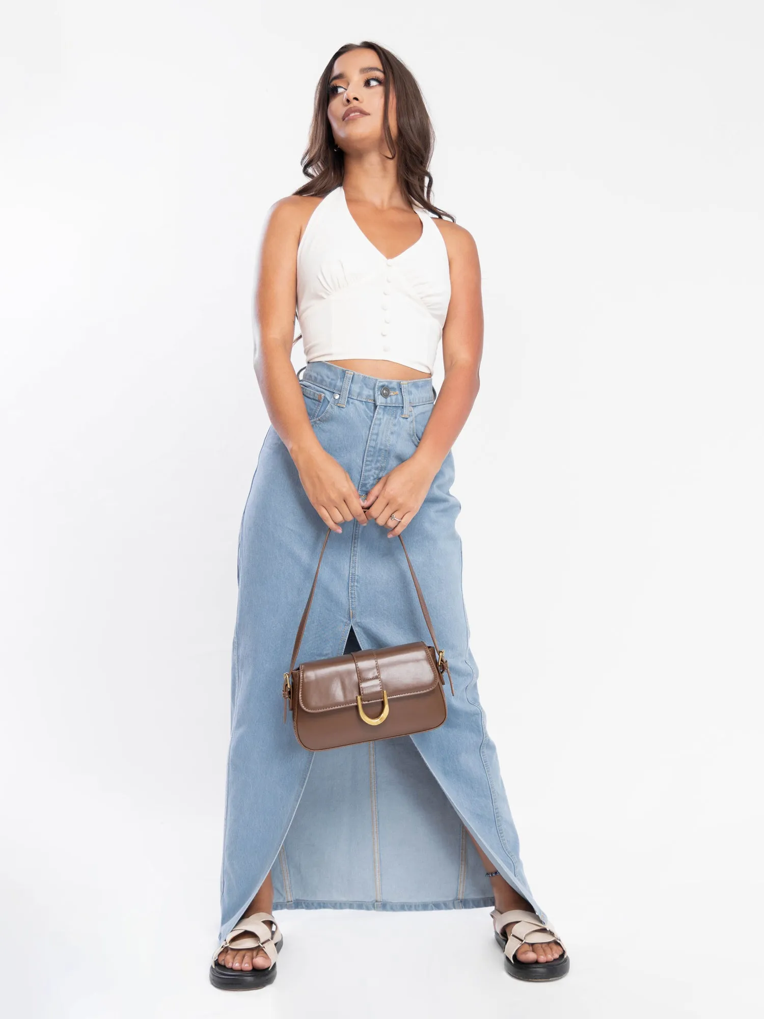 Front Slit Denim Maxi Skirt