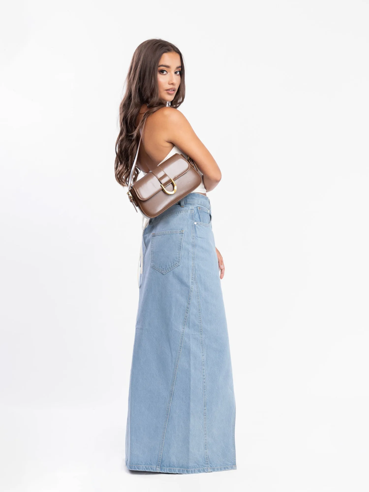 Front Slit Denim Maxi Skirt