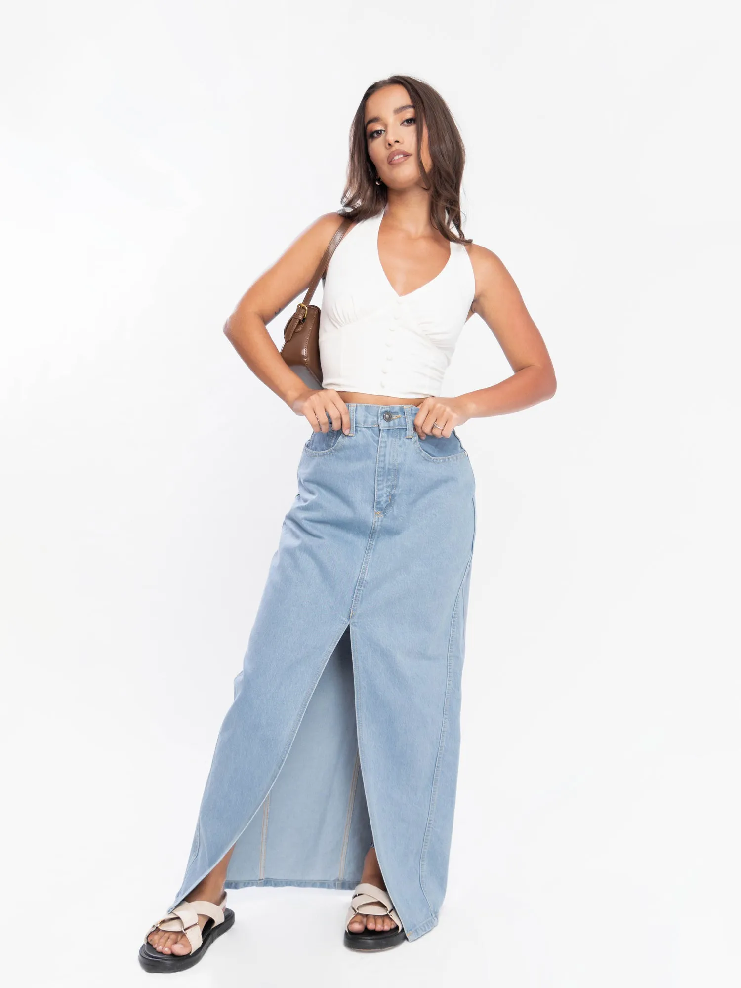 Front Slit Denim Maxi Skirt
