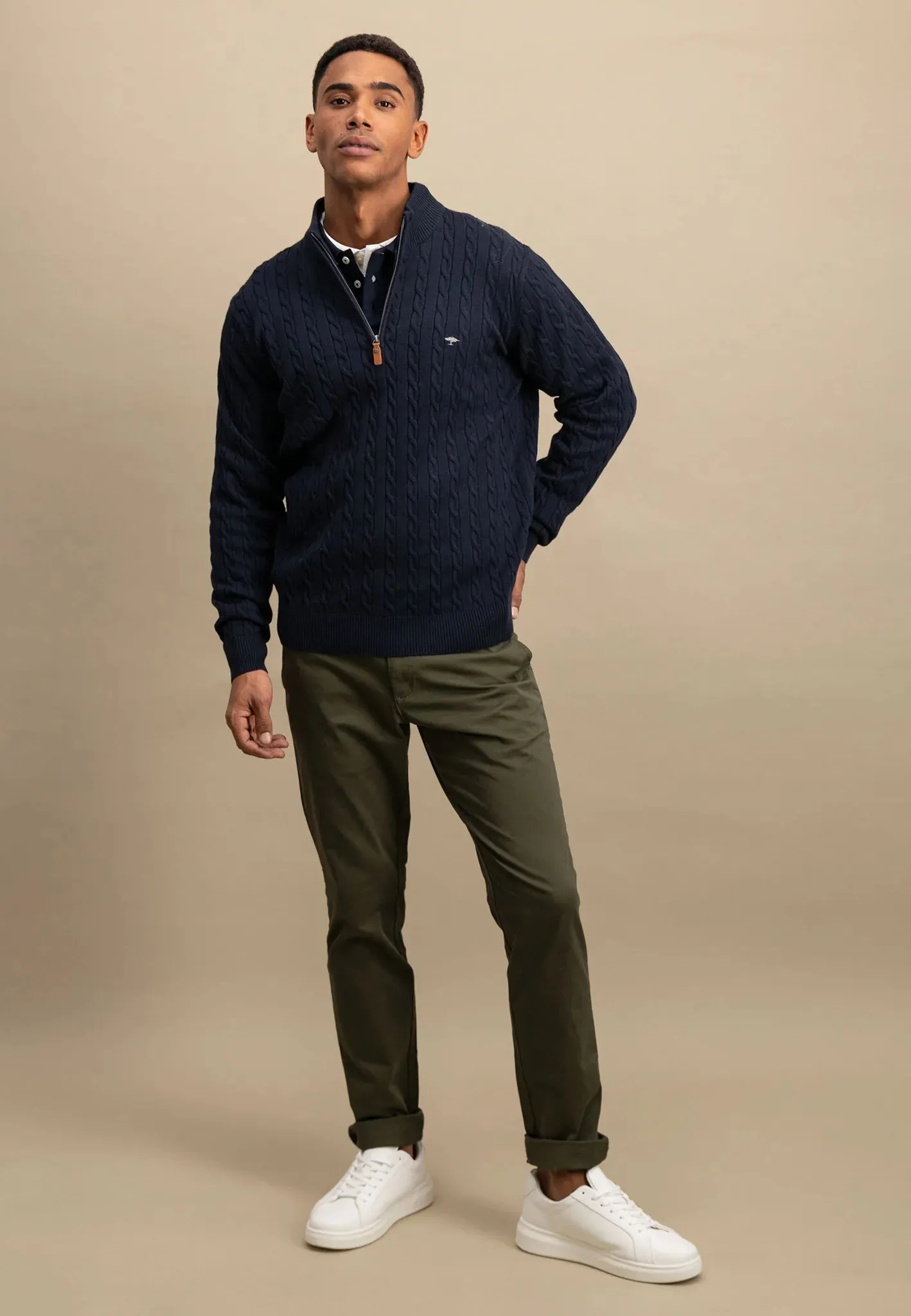 FYNCH HATTON Troyer 1/4 Zip Soft Cable Knit - Men's – Navy