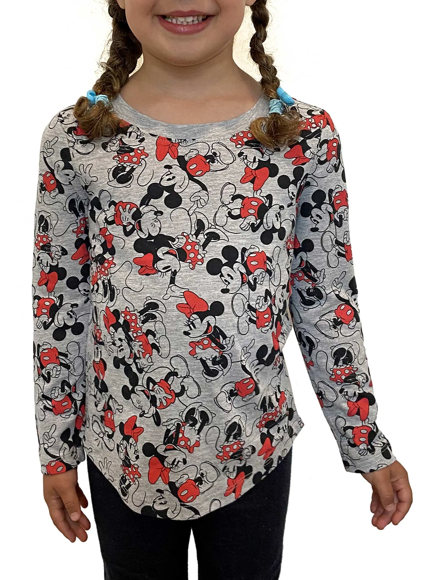 Girls Disney Minnie & Mickey Mouse T-Shirt Long Sleeve AOP Gray Red Size Small