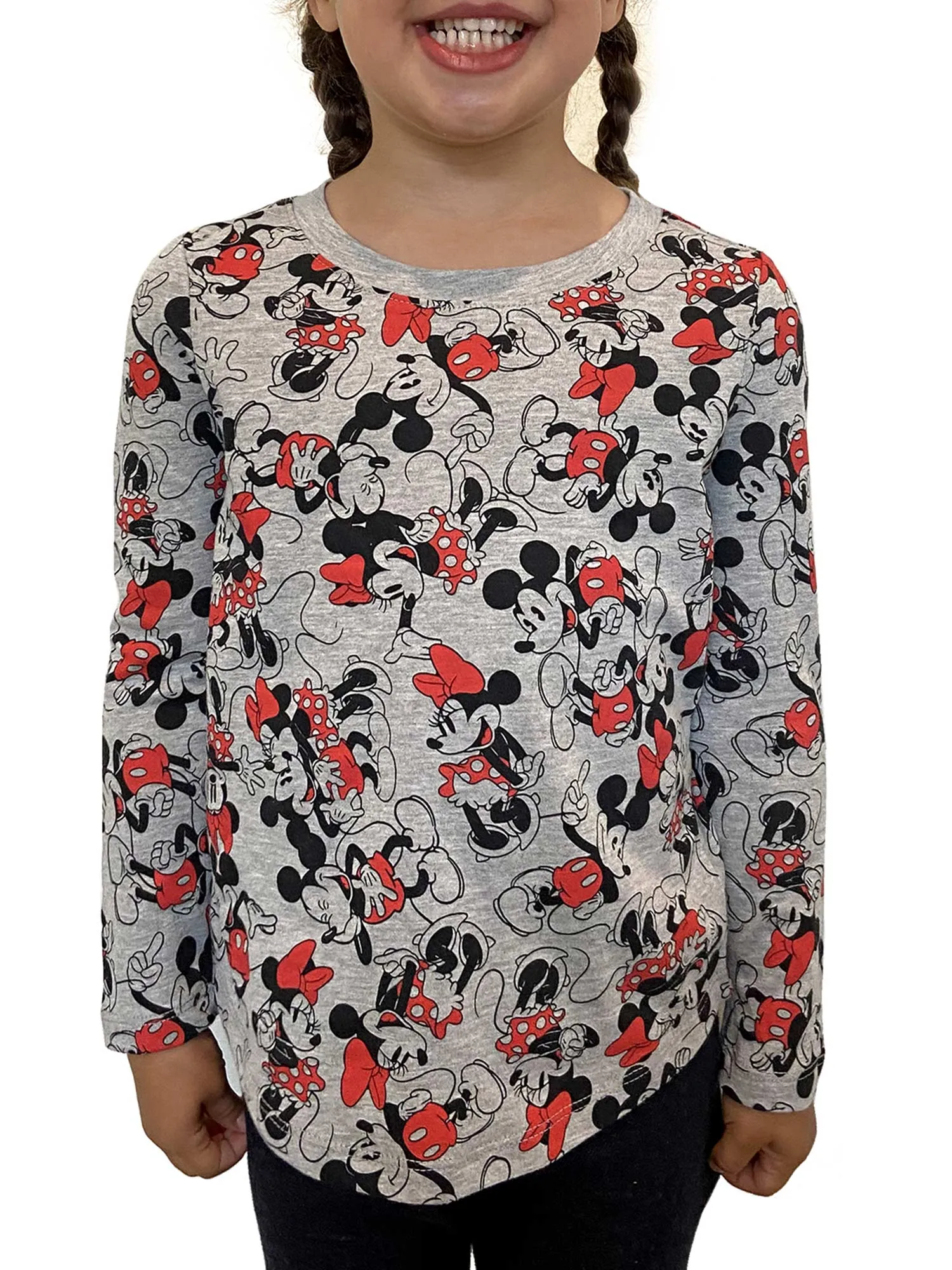 Girls Disney Minnie & Mickey Mouse T-Shirt Long Sleeve AOP Gray Red Size Small