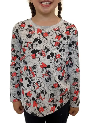 Girls Disney Minnie & Mickey Mouse T-Shirt Long Sleeve AOP Gray Red Size Small
