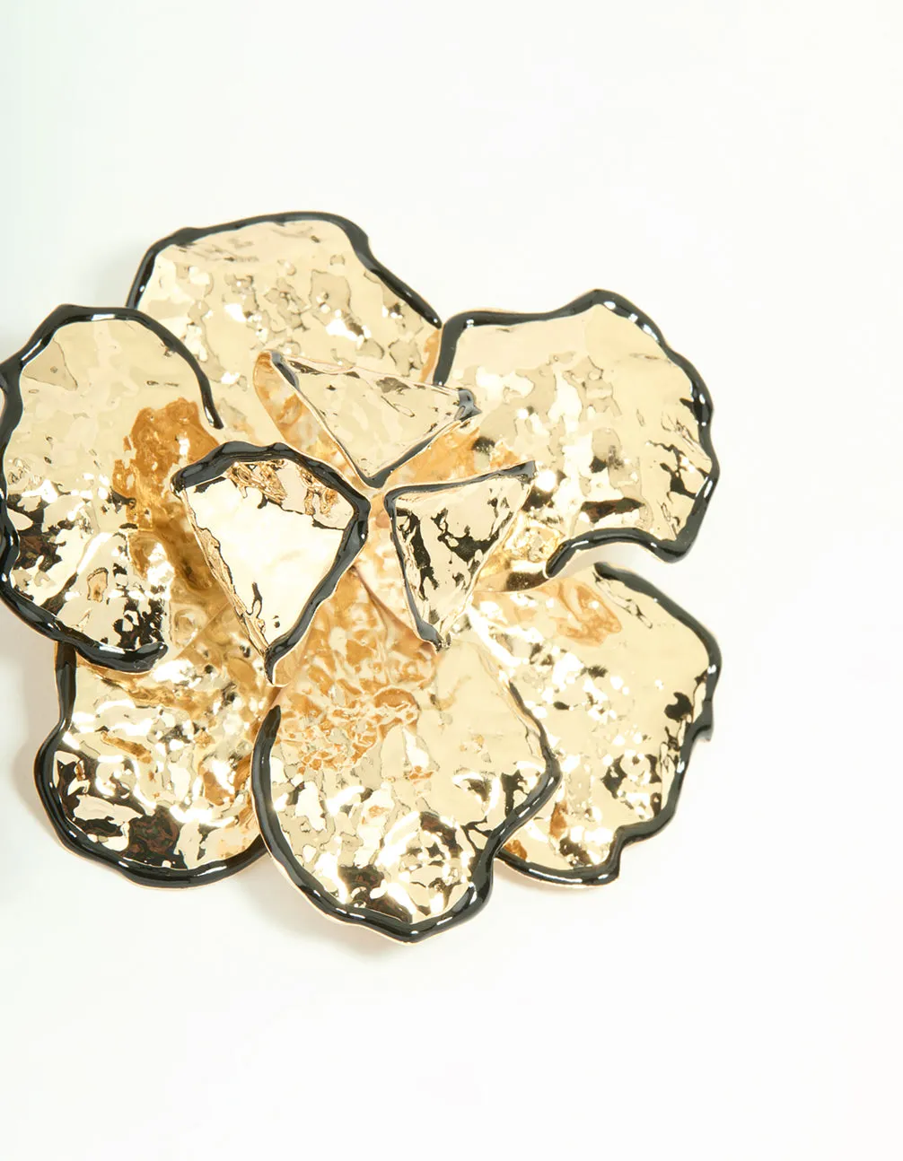 Gold Black Outline Floral Large Stud Earrings