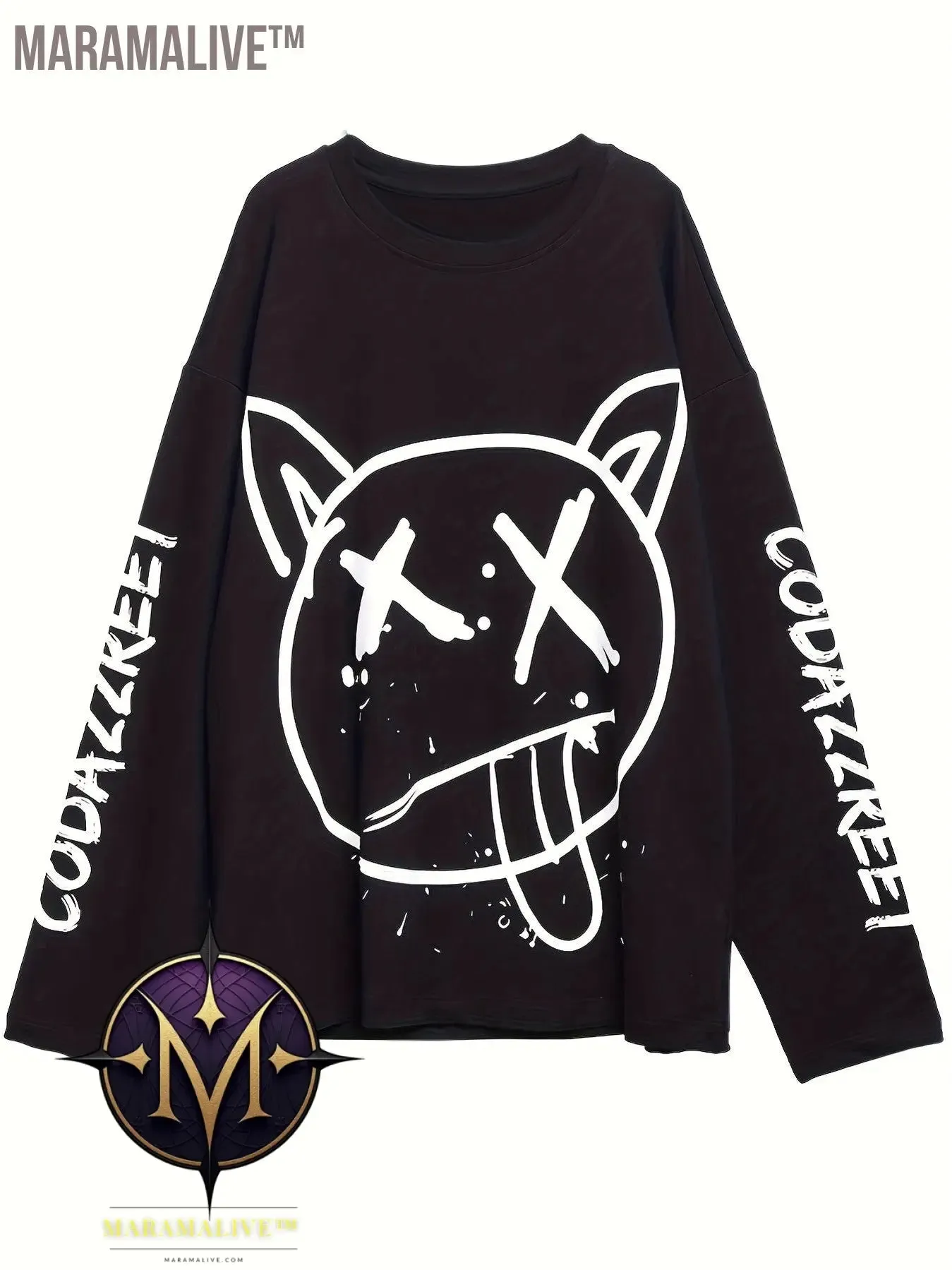 Graffiti Print Crew Neck T-Shirt, Casual Loose Long Sleeve Top For Spring & Fall, Women's Clothing