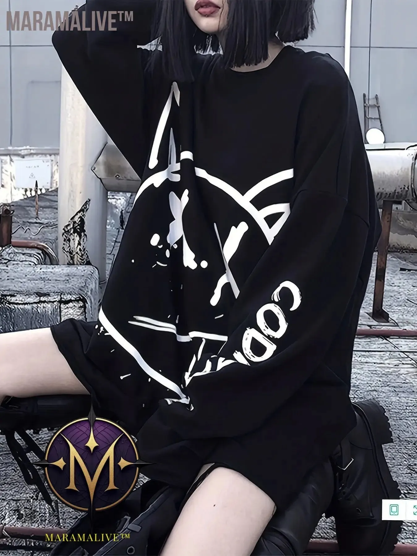 Graffiti Print Crew Neck T-Shirt, Casual Loose Long Sleeve Top For Spring & Fall, Women's Clothing
