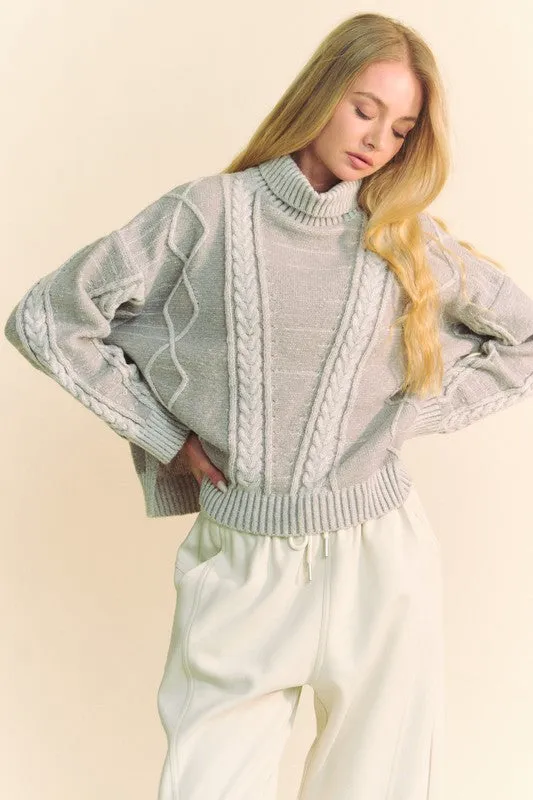 Gray Cable-Knit Turtleneck Dropped Shoulder Sweater