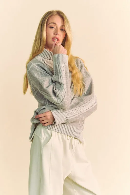 Gray Cable-Knit Turtleneck Dropped Shoulder Sweater