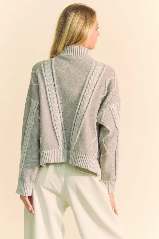 Gray Cable-Knit Turtleneck Dropped Shoulder Sweater