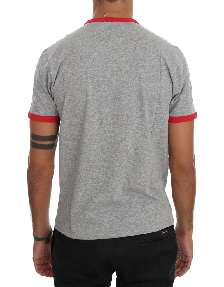 Gray Red Cotton Crewneck T-Shirt