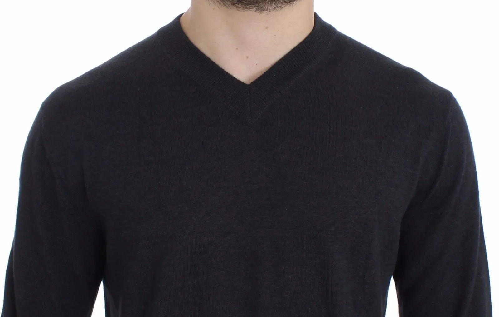 Gray Silk Cashmere V-neck Sweater Pullover