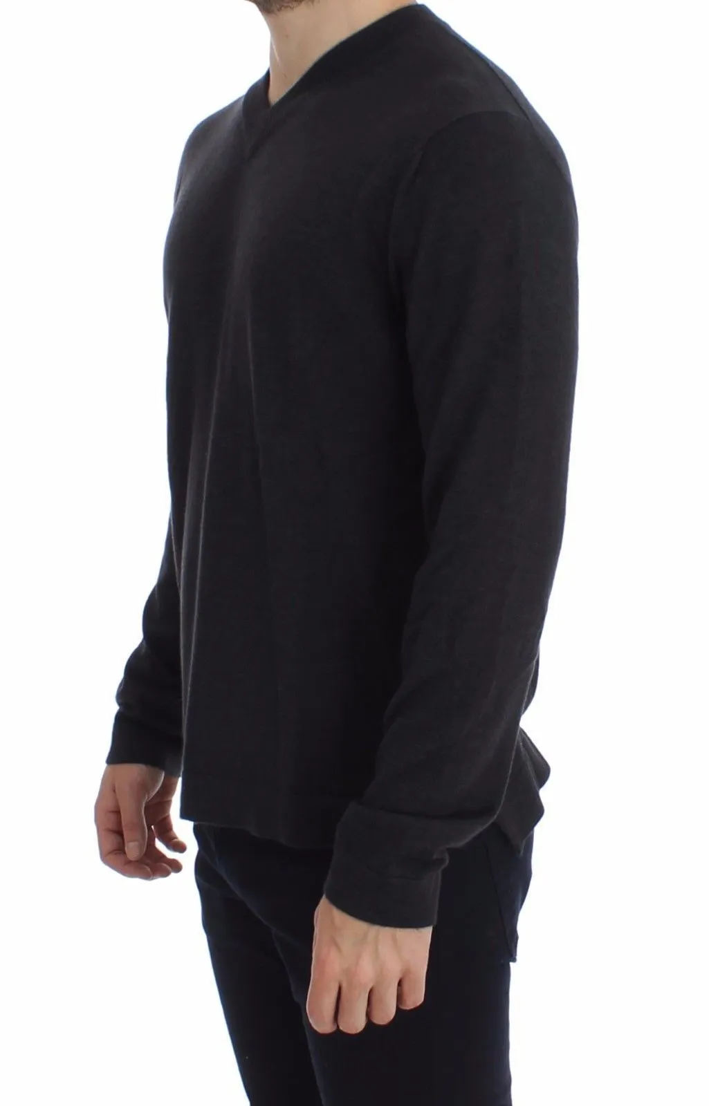 Gray Silk Cashmere V-neck Sweater Pullover