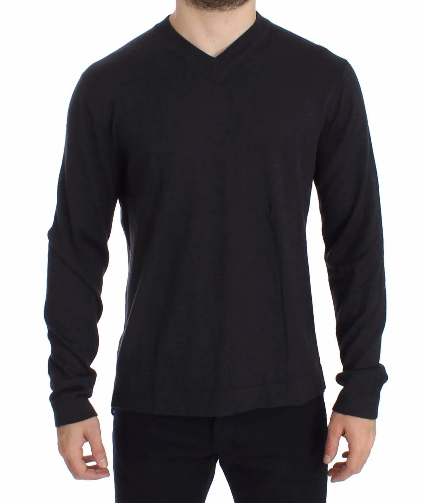Gray Silk Cashmere V-neck Sweater Pullover