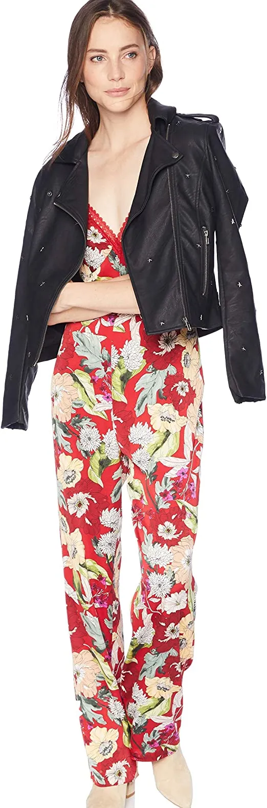 GUESS Women's Sleeveless Lux Jumpsuit Pants, Garden Fever Print Sultry red, 6