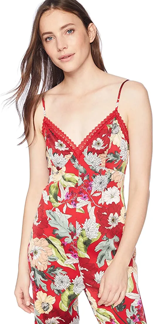 GUESS Women's Sleeveless Lux Jumpsuit Pants, Garden Fever Print Sultry red, 6